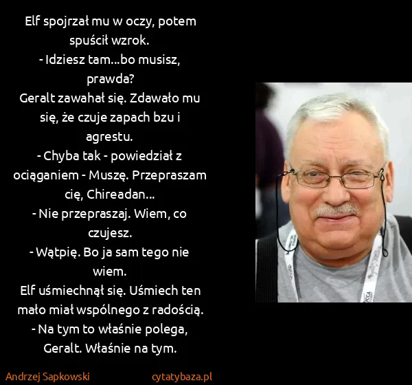 Andrzej Sapkowski: Elf spojrzał mu w oczy, potem spuścił wzrok.
- Idziesz...