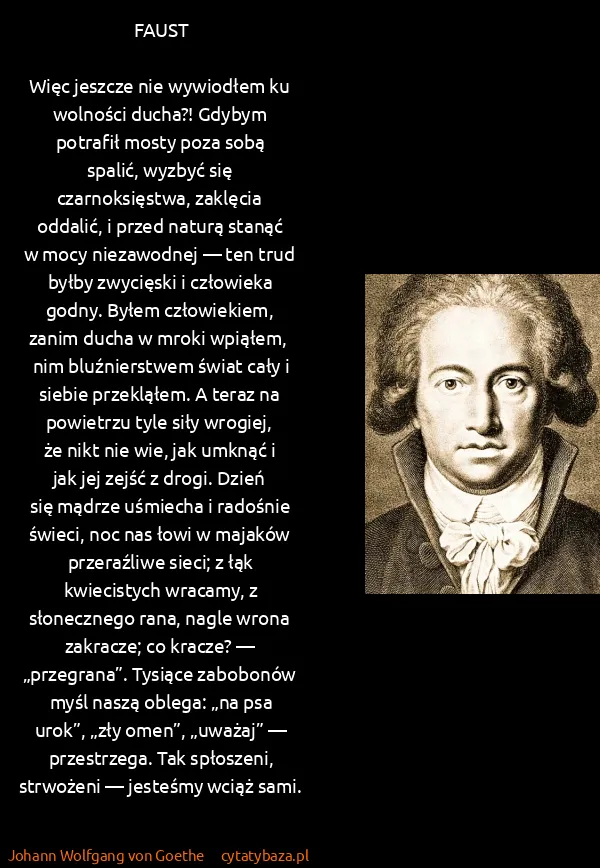 Johann Wolfgang von Goethe: FAUST

Więc jeszcze nie wywiodłem ku wolności ducha?! ...