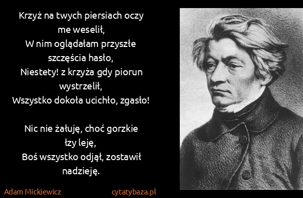 Adam Mickiewicz: Krzyż na twych piersiach oczy me weselił,
W nim...