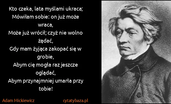 Adam Mickiewicz: Kto czeka, lata myślami ukraca;
Mówiłam sobie: on już...