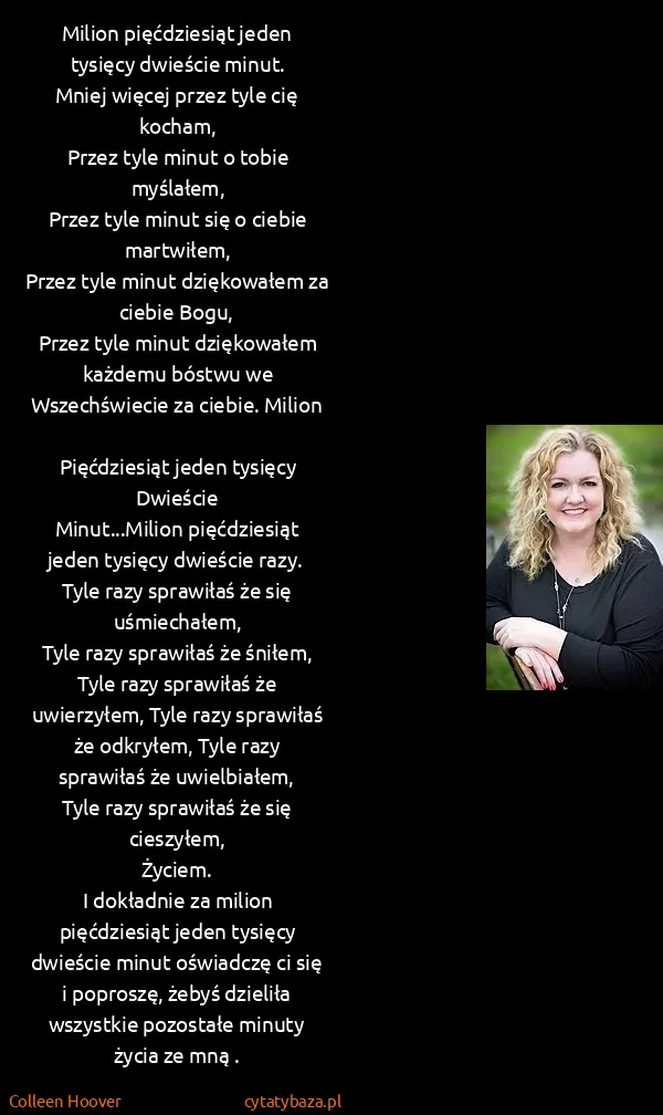 Colleen Hoover: Milion pięćdziesiąt jeden tysięcy dwieście minut.
Mniej...