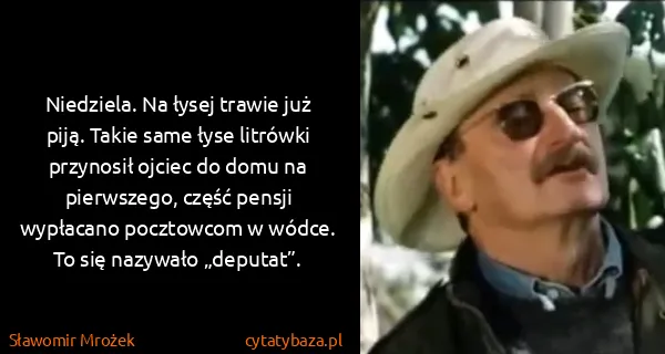 Sławomir Mrożek: Niedziela. Na łysej trawie już piją. Takie same łyse...