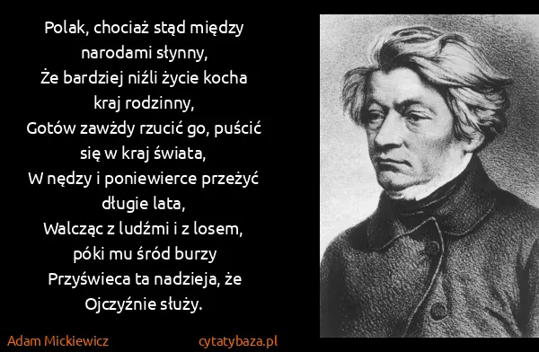 Adam Mickiewicz: Polak, chociaż stąd między narodami słynny,
Że bardziej...