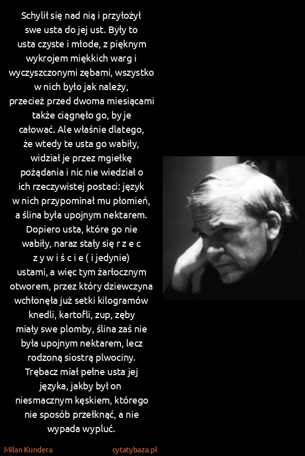 Milan Kundera: Schylił się nad nią i przyłożył swe usta do jej ust....