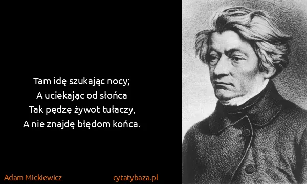 Adam Mickiewicz: Tam idę szukając nocy;
A uciekając od słońca
Tak pędzę...