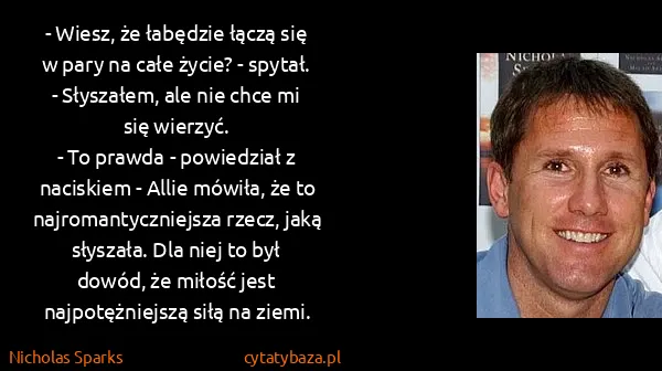 Nicholas Sparks: - Wiesz, że łabędzie łączą się w pary na całe życie? -...