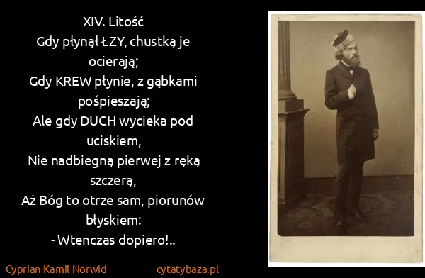 Cyprian Kamil Norwid: XIV. Litość
Gdy płynął ŁZY, chustką je ocierają;
Gdy...